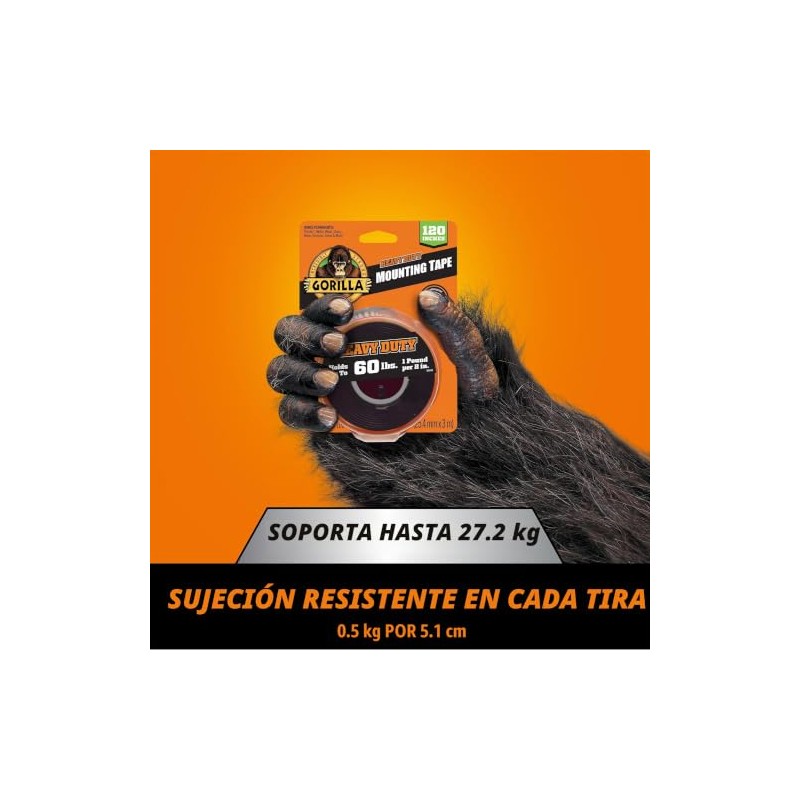 Gorilla Cinta de montaje de doble cara resistente, cinta negra,