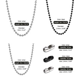 CNYMANY 30ft Stainless Steel Ball Bead Chain with 40 Matching Connectors, 16ft 2.4mm Silver Ball Chain, 6.5ft 2.4mm Black Ball Chain, 6.5ft 3mm Silver Ball Chain