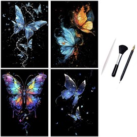ShipeeKin 4 x Luminous Scratch Pictures, 290 x 210 mm, A4 Wall Picture, Scratch Pictures, Scratch Papers for Adults, Children with Tool Set (Butterfly)