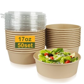 PakTalk 50 Pack Disposable Salad Bowls with Lids, 17oz Round Microwave-Safe Meal Prep Containers for Food Storage, BPA-Free Leakproof Heavy Duty Paper Bowls, Perfect for Parties, Picnics, Takeout