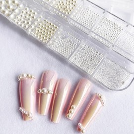 Juland Pearl Nail Art Deco 3 Pack Mixed Size White Pearl Nail Art Decorations, Mini Round Rhinestone Beads for DIY Manicure12-Grid Storage Box (0.08-0.6cm)