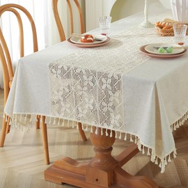 meioro Crocheted Tablecloth, 140 x 180 cm, Rectangular Tablecloths, Lace Boho Tablecloth, Modern Beige Wedding Table Linen, Vintage Tassel Tablecloth for Kitchen, Dining, Indoor, Holiday, Party, Table