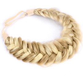 BOBIYA Messy Wide 2 Strands Synthetic Hair Auburn Braided Headband Classic Chunky Elastic Stretch Hair Band (Golden Brown Highlighted)