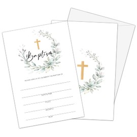 Boho Greenery Baptism Invitations with Envelopes - Watercolor Floral Religious Christening Ceremony Celebration Invites – Confirmation – First Communion - 25 Invitation Cards With 25 Envelopes (002A)