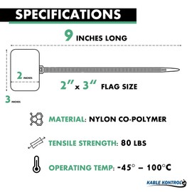 Kable Kontrol Cable Marker Zip Ties, 9 Inch 100 Pcs Large ID Flag Label Straps, Self-Locking Write on Tags for Ethernet, Power, and Cord Labeling - Green