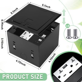 Hoolerry 2 Pack Recessed Flat Hidden Socket Kit Floor Recessed Outlet Box with 2 15A Receptacle, 4.8A 1 USB-A & 1 USB-C Port, and 3-Port RJ45 Receptacle for Floor Office Home (Black)