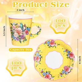 Mifoci 200 Pcs Vintage Tea Party Supplies Includes 100 Pcs Floral Paper Plates and 100 Pcs 9 oz Disposable Paper Tea Cups for Hot Cold Drink Wedding, Baby Shower, Tea Party Decorations (Elegant)