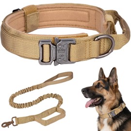 Collar para Perro Táctico Resistente y Ajustable con Correa Táctica para Perros, Hebilla de Metal y Asa de Control, Ideal para Entrenamiento De Perros, Pasear a un Perro(Caqui, L)