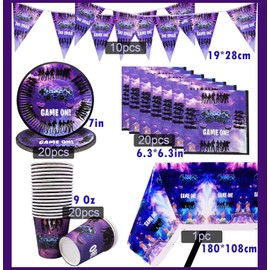 Game Party Supplies Tableware,Includes Video Game Party Plates Cups Napkins Tablecloths Banners Gamers Game Lovers Boys Party Birthday Decorations 20 Guests
