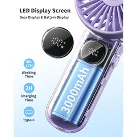 Purple Portable LED Fan, 3000mAh Battery Operated, 3 in 1 Handheld/Neck/Desk Mini Fan for Travel, Beach, Outdoor