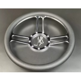 CNCDPT 14" Chrome Billet Aluminum Steering Wheel 9 Bolt Tri Spoke & Flamed Horn Button