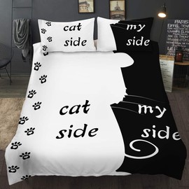 AOXHFNV Bedding Set from the Black and White Series Dog Side and My Side Motif Duvet Cover Couple Bedding Set Black White Double Bed (Cat Side, 135 x 200 cm)