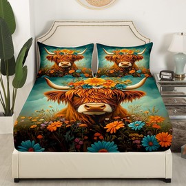 Homemissing Highland Cow Fitted Sheet Single Size For Kids Boys Girls Teens Farmhouse Animal Decor Bedding Set Highland Cattle Sheet with 1 Pillowcase Daisy Floral Print Bed Sheet Set,No Flat Sheet