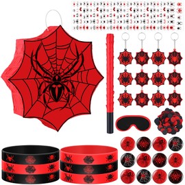 Leyndo 89 Pcs Spider Party Favors for Birthday, Includes Spider Piñata with Blindfold and Stick, 11.8"x11.8", 12 Keychains, 12 Wristbands, 12 Badges, 50 Stickers for Spider Birthday Party Decor