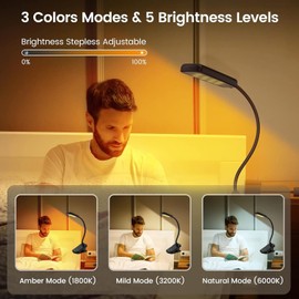 VASA NAMA 16 LEDs Luz de Lectura con Clip, Luz de Libro USB Recargable con 3 Colores y Atenuación Continua, 360° Flexible, Control Táctil/Indicador de Encendido para Estudio, Leer, Trabajar,Viaje ect