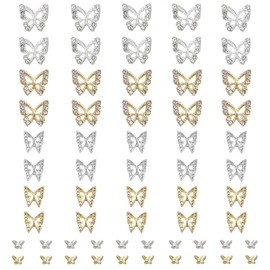 Butterfly Nail Charms, 60pcs 3D Golden Silver Butterfly Charms for Acrylic Nails, 20 Butterflies Nail Rhinestones Gems Charms +40 Alloy Studs, Nail Art Crystals Diamonds Decor Supplies for Nails DIY