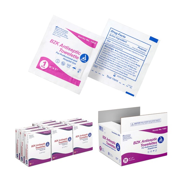 Dynarex BZK Antiseptic Towelettes, 5" x 7", Disposable and Premoistened, Individually Wrapped, 1 Case | 10 Boxes of 100 Dynarex BZK Antiseptic Towelettes