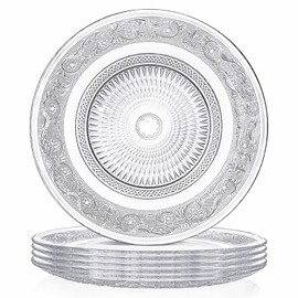 Elsjoy 6 Pack 10 Inch Large Glass Dinner Plate, Clear Round Serving Plate Vintage Embossed Dinnerware for Salad, Pasta, Fruits