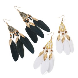 FASHEWELRY 2 Pairs Bohemian Feather Tassel Earrings Vintage Drop Dangle Earrings Boho Earrings Retro Earrings for Women, Black White Feather Earrings Retro Hippie Western Earrings