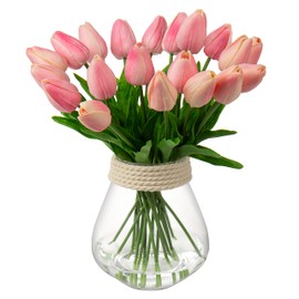 20 Pcs Pink Tulips Artificial Flowers Real Touch Fake Tulips Fake Flowers for Decoration 13.5" Faux Tulips Faux Flowers Bulk Artificial Tulips Flowers for Vase Centerpieces Home Wedding Bouquet