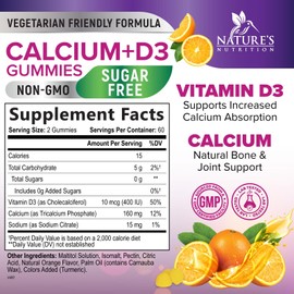 Nature's Nutrition Sugar Free Calcium Gummy Bites Plus 400 IU Vitamin D3, Bone Health & Immune Support - Chewable Calcium Nutrition Supplement, Non-GMO, Orange Flavor Chews - 120 Gummies