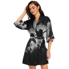 Women Kimono Satin Silk Robes, Pajamas Sleepwear Shawls Nightwear Short Bathrobe Nightgown Dressing Gown for Wedding Bridesmaid M Print A Unicorn Silhouette in a Galaxy Nebula Cloud