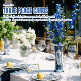 JarThenaAMCS 60 Pcs Capri Lemon Place Cards 4.6 x 3 Inch Blue Tiles Yellow Lemon Tented Name Cards Summer Citrus Blank Seat Assignment Labels for Party Table Setting Supplies, 6 Designs