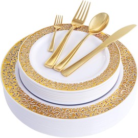 WDF Gold 150PCS Assorted Plates Set Include 75 Dinner/Salad Plates & 25 Mini Forks for Thanksgiving