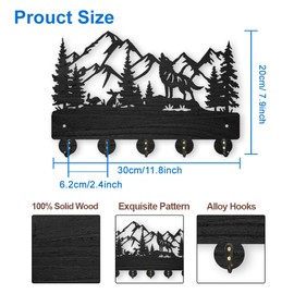 MAYJOYDIY Wolf Rabbit Forest Coat Hooks Wood Animal Moutain Key Holder Wall Mount 11.8×7.9inch Key Hanger Wall Art Decor 5 Alloy Hooks Black Key Rack Organizer for Gift Entryway Hallway Kitchen Room