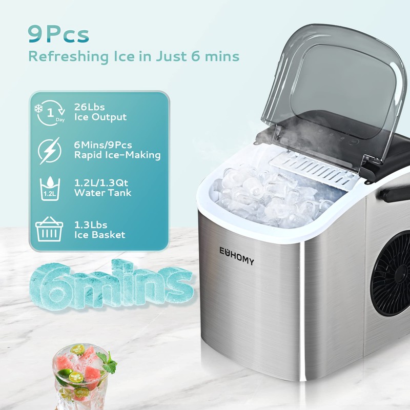 EUHOMY Countertop Ice Maker Machine with Handle, 26lbs Per Day,
