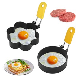 TVETE Fried Egg Mold, Pancake Egg Ring, Mold (Set of 2) with Handle, Egg Ring, Plum Blossom, Round, Foldable, Fried Egg Ring Set, Stainless Steel, Omelette, Burger Patties, Multi-functional, Pastry