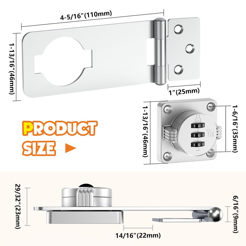 Cabinet Lock with Combination, 3-Digit Combination Drawer Lock, 4.5'' Keyless