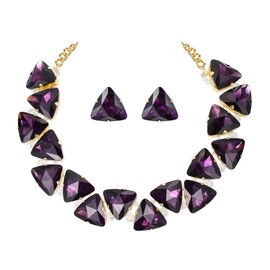 BriLove Art Deco Sparkly Ethnic Style Chunky Tribal Beaded Triangle Statement Necklace Earrings Set for Women Amethyst Gold-Tone