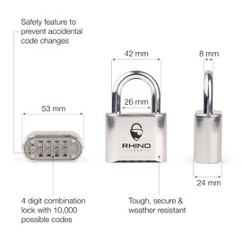 Rhino Lock Secure Lock - Combination Padlock - Chrome 4 Digit Combination Lock for Gym, School & Work Lockers; Suitable for Outdoor Use with Fences, Hasps, Sheds & Toolboxes (UK Brand)