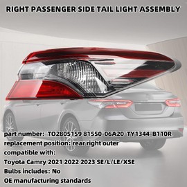 Dasbecan Passenger Side Tail Light Compatible with 2021-2023 Toyota Camry Outer Rear Right Lamp With Wiring Harness Replaces# 81550-06A20 TO2805159 (Halogen Type)