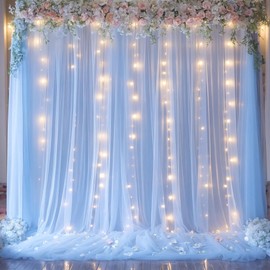 Baby Blue Sheer Tulle Backdrop Curtains with Lights String for Parites Baby Shower Decorations for Boy Bridal Shower Birthday Party Photo Shoot Background Wall Decorations 10×8ft (2 Panels 5×8ft)