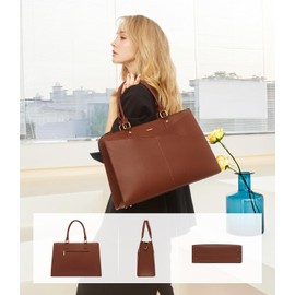 LOVEVOOK Laptop Tote Bag for Women, Leather Business Office Work Bag Computer Briefcase with Small Clutch fit for 15.6 Inch Laptop Brown