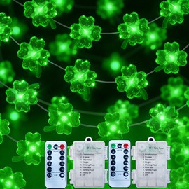 NewKoor St Patricks Day Decorations Lights 2 Pack Total 26FT 80 LED Shamrocks Clover Green String Lights Battery Operated with 8 Modes Timer Remote for St. Patrick's Day Party Yard Garden Decor