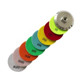 4" Wet Stone Polishing Pads Set (50, 100, 200, 400, 800, 1500, 3000 Grit, Buffer, Metal Backer) - White Resin for Granite, Marble, Quartz, Engineered Stone