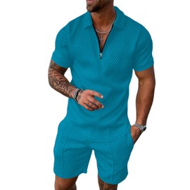 Fastkoala Men's Tracksuit Outfit Set Two Piece Button Suits Summer Jogging Suits 2-Piece, blue