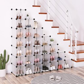 SONGMICS Shoe Rack with 32 Cubes, Interlocking Plastic Shoe Organizer, DIY Storage Cabinet for Closet Entryway Bedroom Garage, Space Saving Design, 13.9 x 35.1 x 54.5 Inches, Transparent ULPC48S