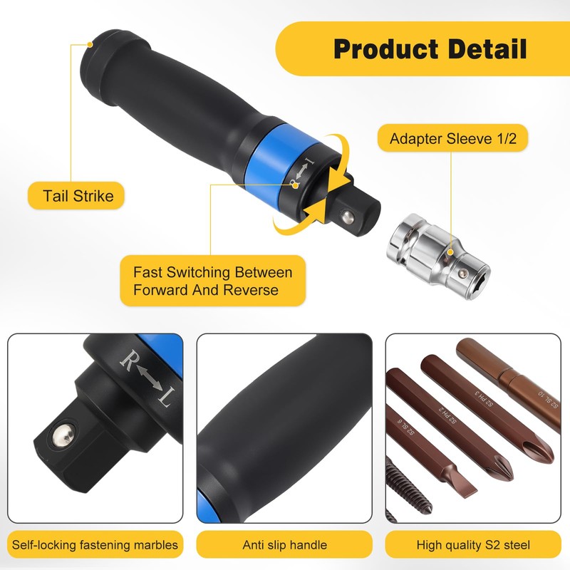 12PCS Impact Screwdriver Set, Professional 1/2" Hand Impact Wrench, S2