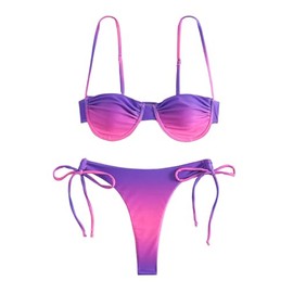 YAUASOPA Bikini con aros en la parte superior del bikini con aros y aros en V y fruncido de dos piezas con degradado, trajes de baño con lazo lateral, Gradation Purple, Small