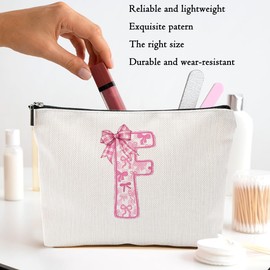 Pink Bow F, Alphabet Makeup Bag for Women, Washable Travel Organizer Toiletry Cosmetic Bag, Coquette Bow Letter Pattern Large Capacity Makeup Pouch with Zipper, Christmas Gifts for Women
