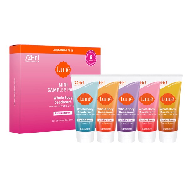 Lume Whole Body Deodorant 5 Pack Sampler - Invisible Cream Minis - 72 Hour Odor Control - Aluminum & Baking Soda Free (Clean Tangerine, Lavender Sage, Peony Rose, Toasted Coconut, Unscented)