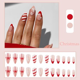 Christmas Press on Nails Medium Almond Shaped Fake Nails Red White Stripe Snowflake Glue on Nails Christmas Hat Nail Tips French Acrylic Nails Press ons Full Cover New Year False Nails for Women