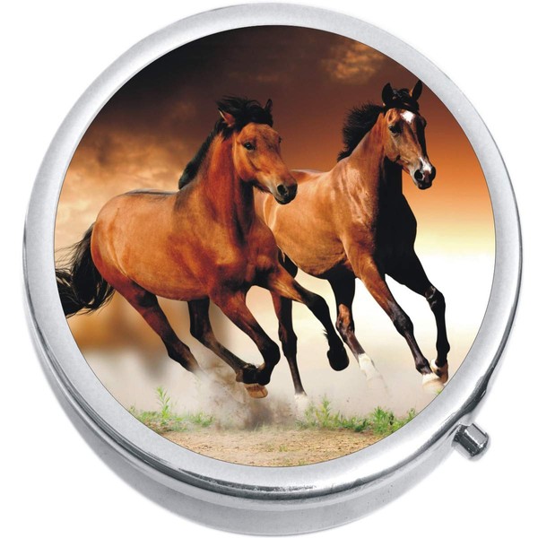 Brown Horses Medicine Vitamin Compact Pill Box - Portable Pillbox case fits in Purse or Pocket