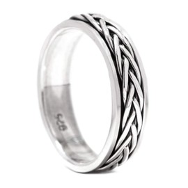 Windalf Wira Narrow Friendship Ring 5 mm Band Ring Braided Pattern Rotating Ring 925 Sterling Silver, Fabric, No Gemstone