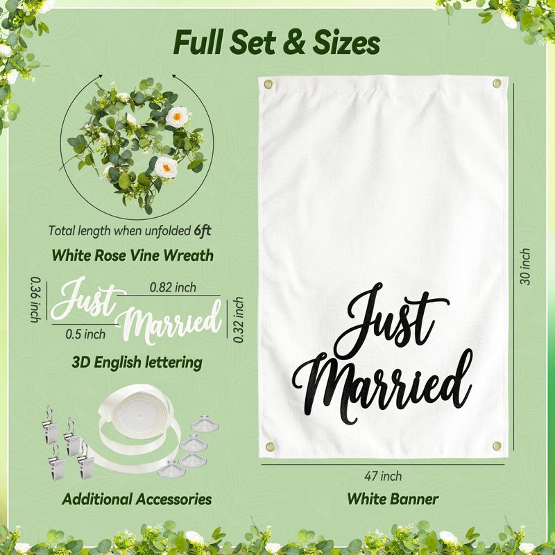 Just Married Wedding Backdrop Set with Just Married Sign, Eucalyptus