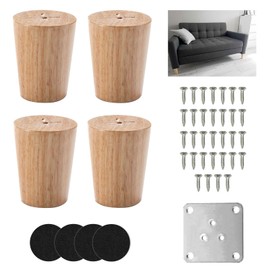 Pack of 4 Furniture Feet, Oak Wood, 6 cm Round Wooden Feet for Furniture, Furniture Legs Wood with Non-Silp Pads, Mounting Plates and Screws, Solid Wood Legs for Furniture for Sofa, Chest of Drawers,